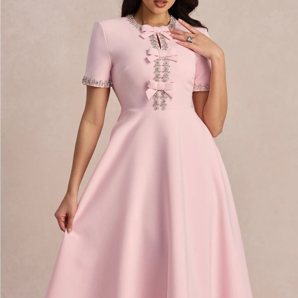 Chiffon Pink Midi Dress with Bow & Crystal Trim
